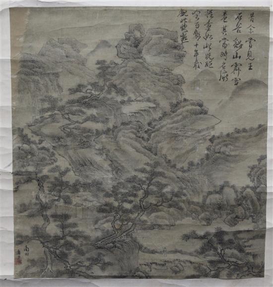 A Chinese silk scroll painting, Qing dynasty, image 44.5 x 42cm, some wear upper left